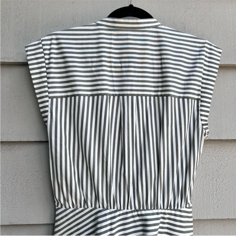 Veronica Beard Ruched Striped Shirtdress White & Olive Green Size 8 - Picture 6 of 13